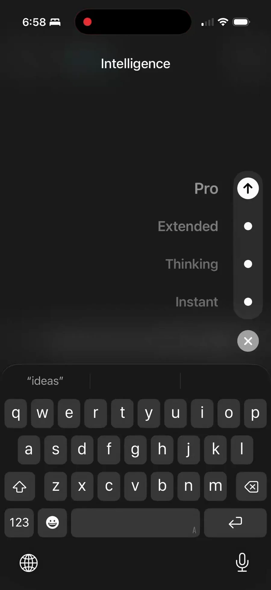 ChatGPT mobile intelligence selector with Instant, Thinking, Extended, and Pro choices