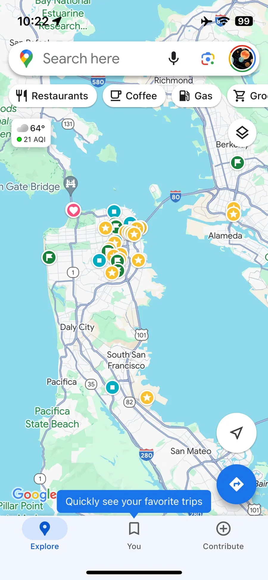 Google Maps on iPhone with search at the top and Explore, You, and Contribute tabs at the bottom